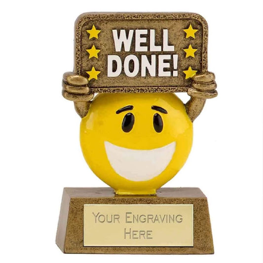 Sticker Stocker - Mini Well Done Smiling Happy Face Award Trophy 9cm Resin FREE engraving and Certificate