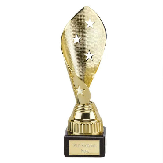 Sticker Stocker - Gold Cone Festival Star Award Trophy 17cm Plastic and Marble FREE engraving and Certificate