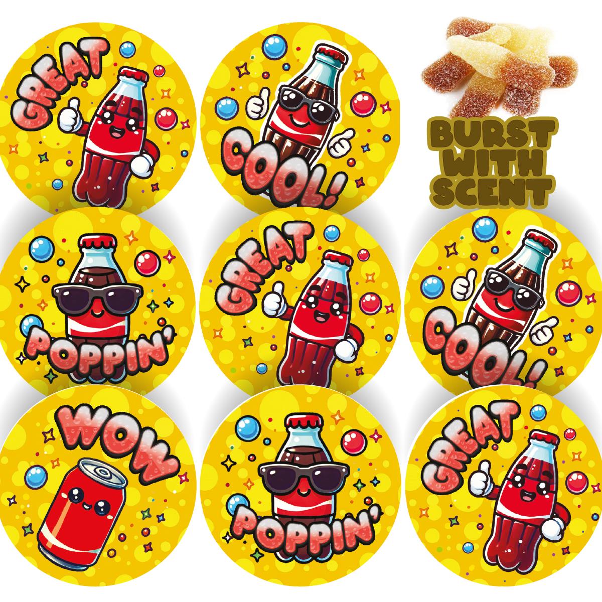 120 Cool Cola Praise Words Scented  30mm Reward Stickers for Teachers, Parents and Party Bags
