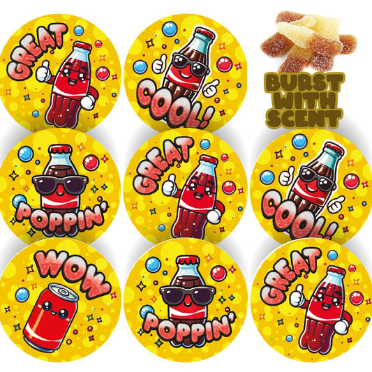 120 Cool Cola Praise Words Scented  30mm Reward Stickers for Teachers, Parents and Party Bags