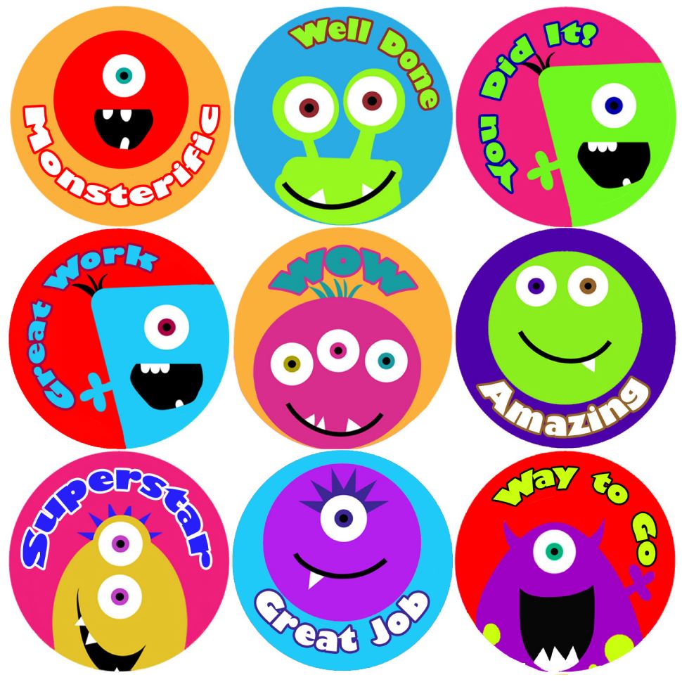 144 Monster Faces Praise Words 30mm Children's Reward Stickers for Teachers or Parents