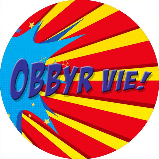 144 Superhero Comic Manx Gaelic Praise Words 30mm Reward Stickers for Teachers, Parents