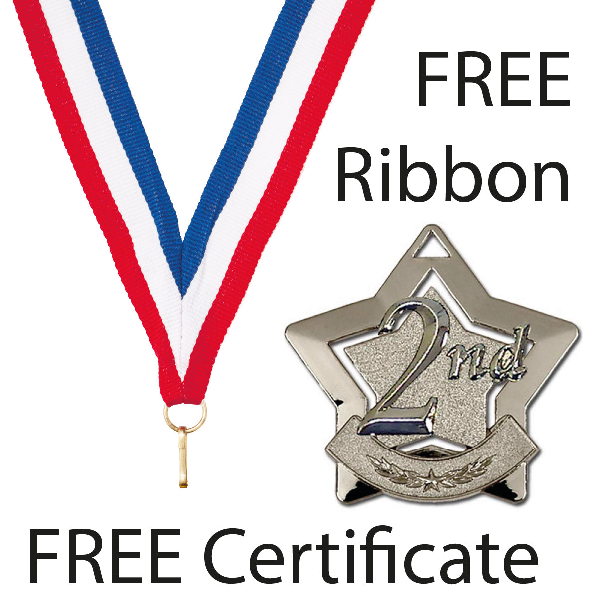 Sports Star Place Medal with FREE Ribbon and Certificate 60mm Metal Gold 1st, silver 2nd or bronze 3rd