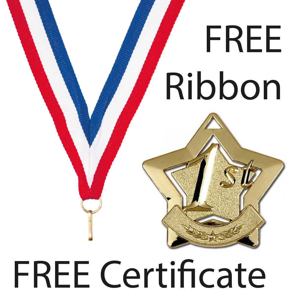 Sports Star Place Medal with FREE Ribbon and Certificate 60mm Metal Gold 1st, silver 2nd or bronze 3rd