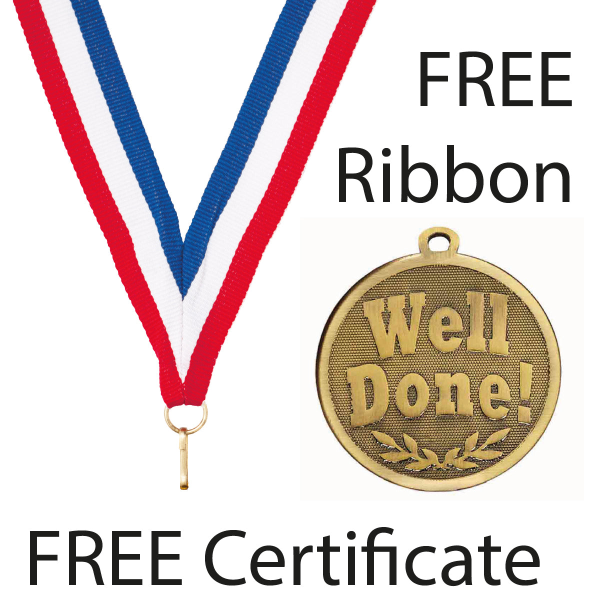 Well Done Medal with FREE Ribbon and Certificate 45mm Metal Gold