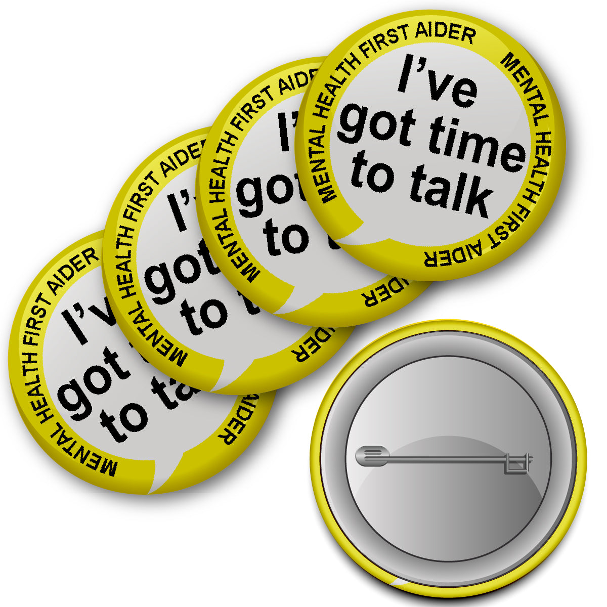 20 x Yellow Mental Health First Aider Got time to Talk Badge 38mm (Pack of 20 Pin Badges - 38mm)