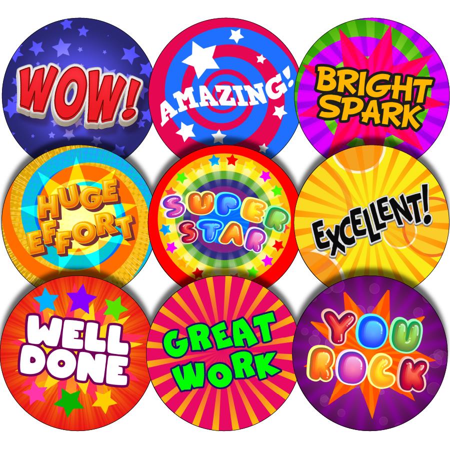 144 Positive Praise Words - 30mm - Glossy Reward Stickers for Teachers & Parents