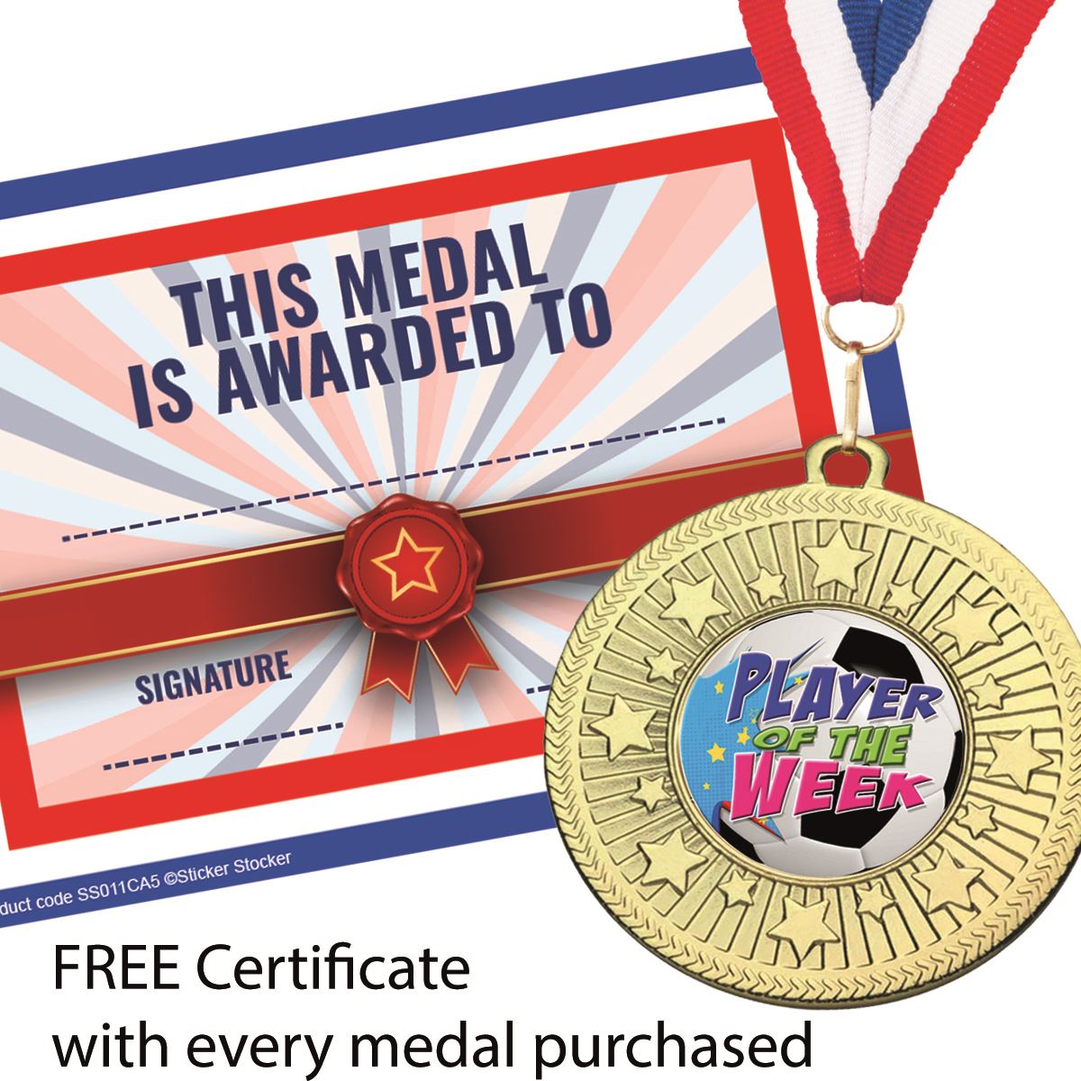 Football Award Medal Player of the Week FREE Ribbon and Certificate 50mm Metal