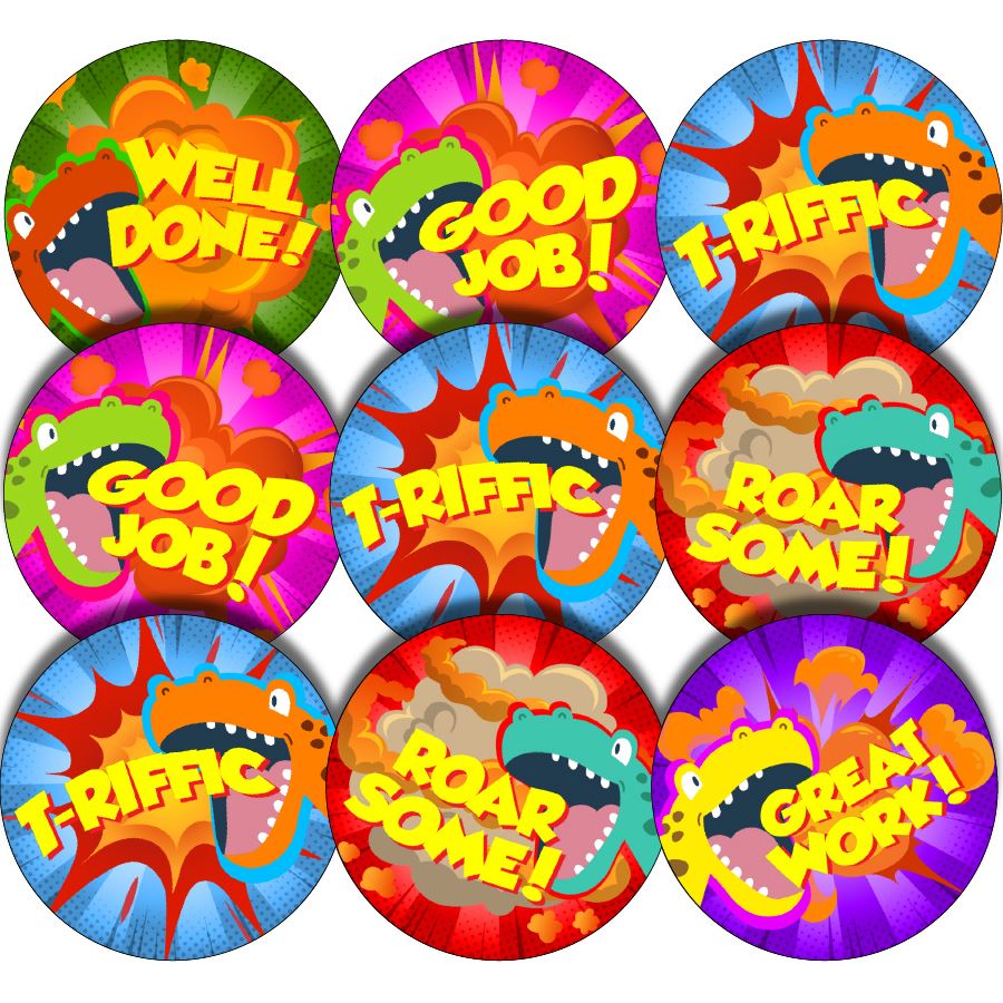 144 Dinosaur Praise Words 30mm Reward Stickers for Teachers, Parents and Party Bags