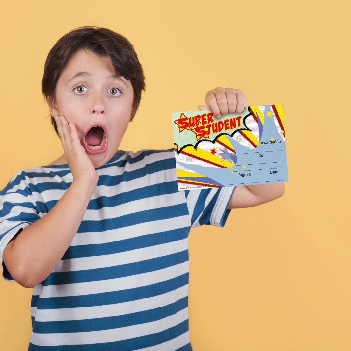 30 Super Student Superhero themed award certificates for school teachers, 250gsm A5 silk finish card