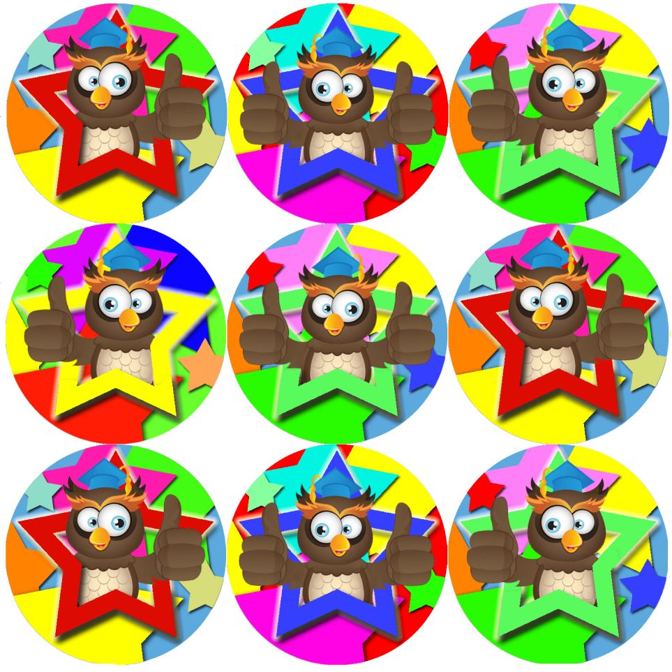 144 Bright Owl Star 30mm Round Children's Reward Stickers for Teachers, Parents and Party Bags