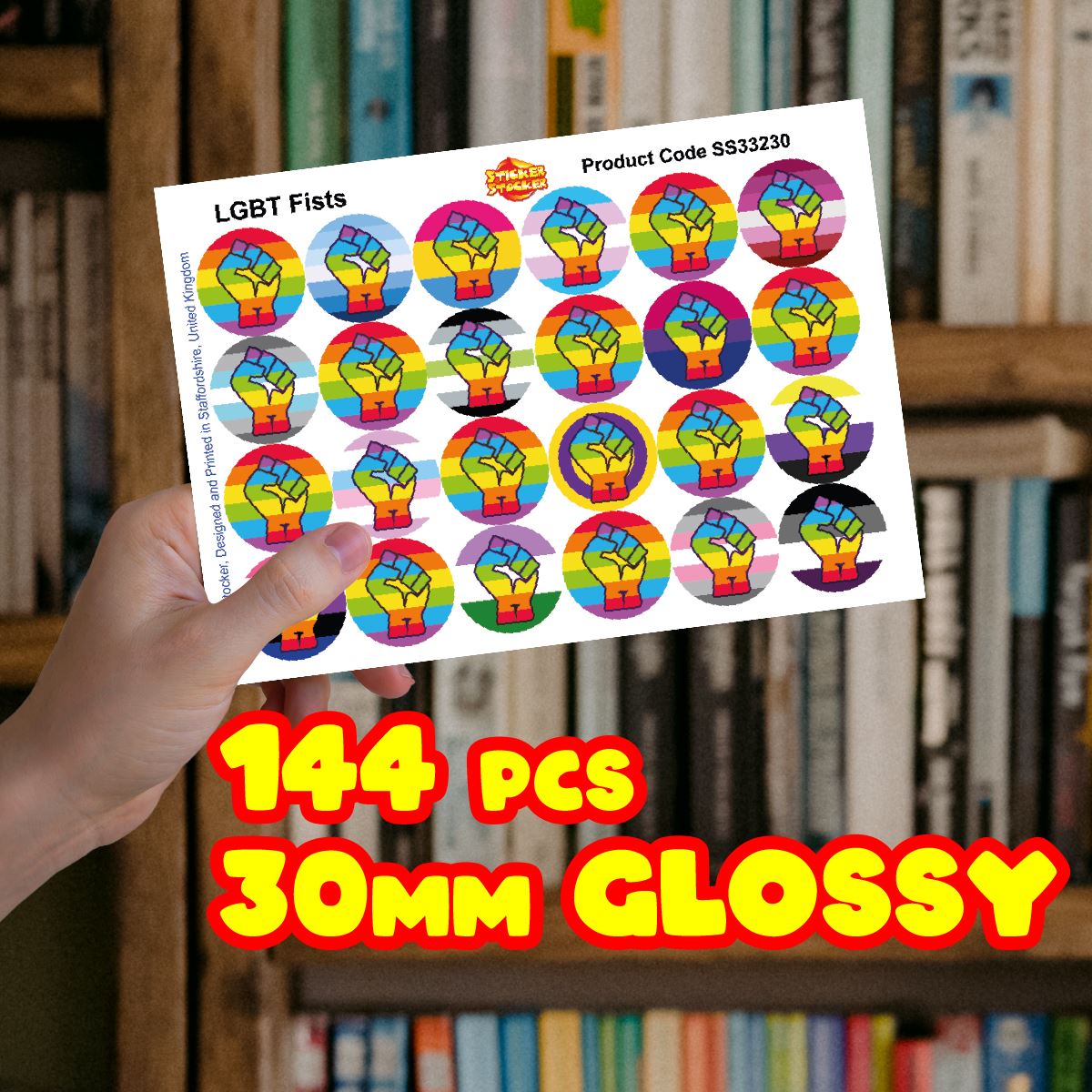 144 Colourful LGBT Pride Rainbow Fists 30mm Glossy Stickers