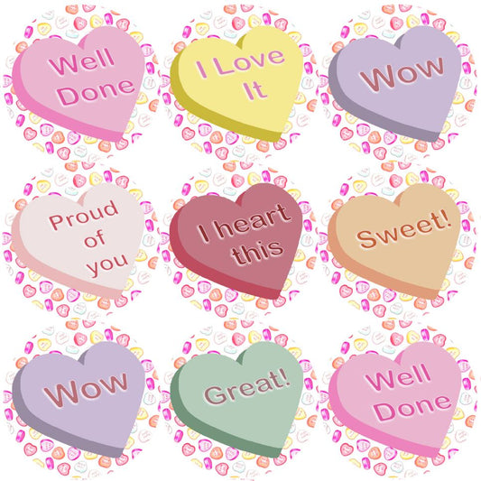 144 Candy Hearts Praise Words 30mm Children's Reward Stickers for Teachers or Parents