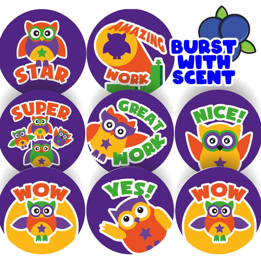 120 Mixed Berry Super Owls 30mm Scented Reward Stickers for Teachers, Parents and Party Bags