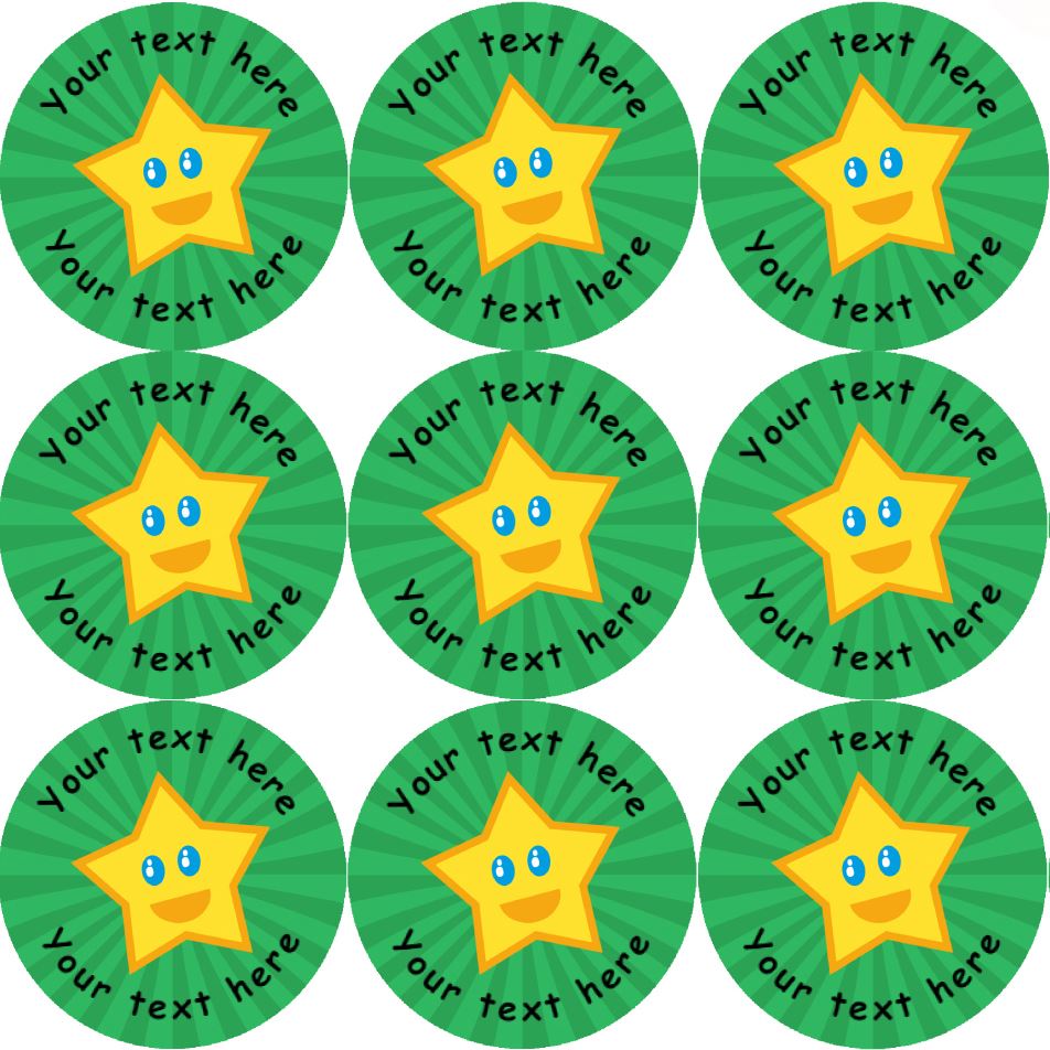 144 Happy Star Personalised (Green Background) 30mm Reward Stickers for School Teachers, Parents and Nursery