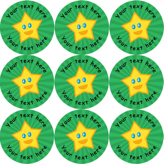 144 Happy Star Personalised (Green Background) 30mm Reward Stickers for School Teachers, Parents and Nursery