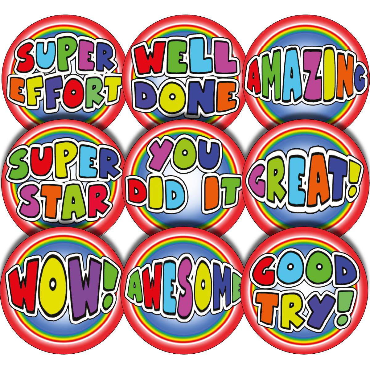 144 Colourful Praise Words 30mm Stickers for Teachers, Parents and Party Bags