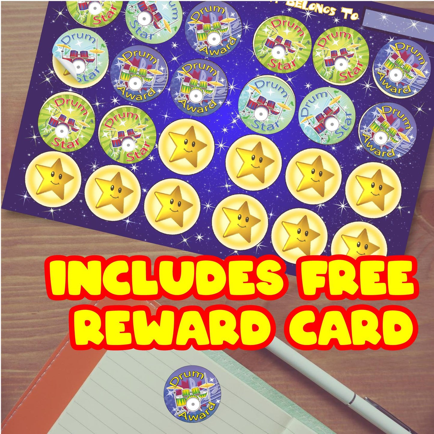 144 Drum Star Awards 30mm Reward Stickers for School Music Teachers, Parents and Nursery