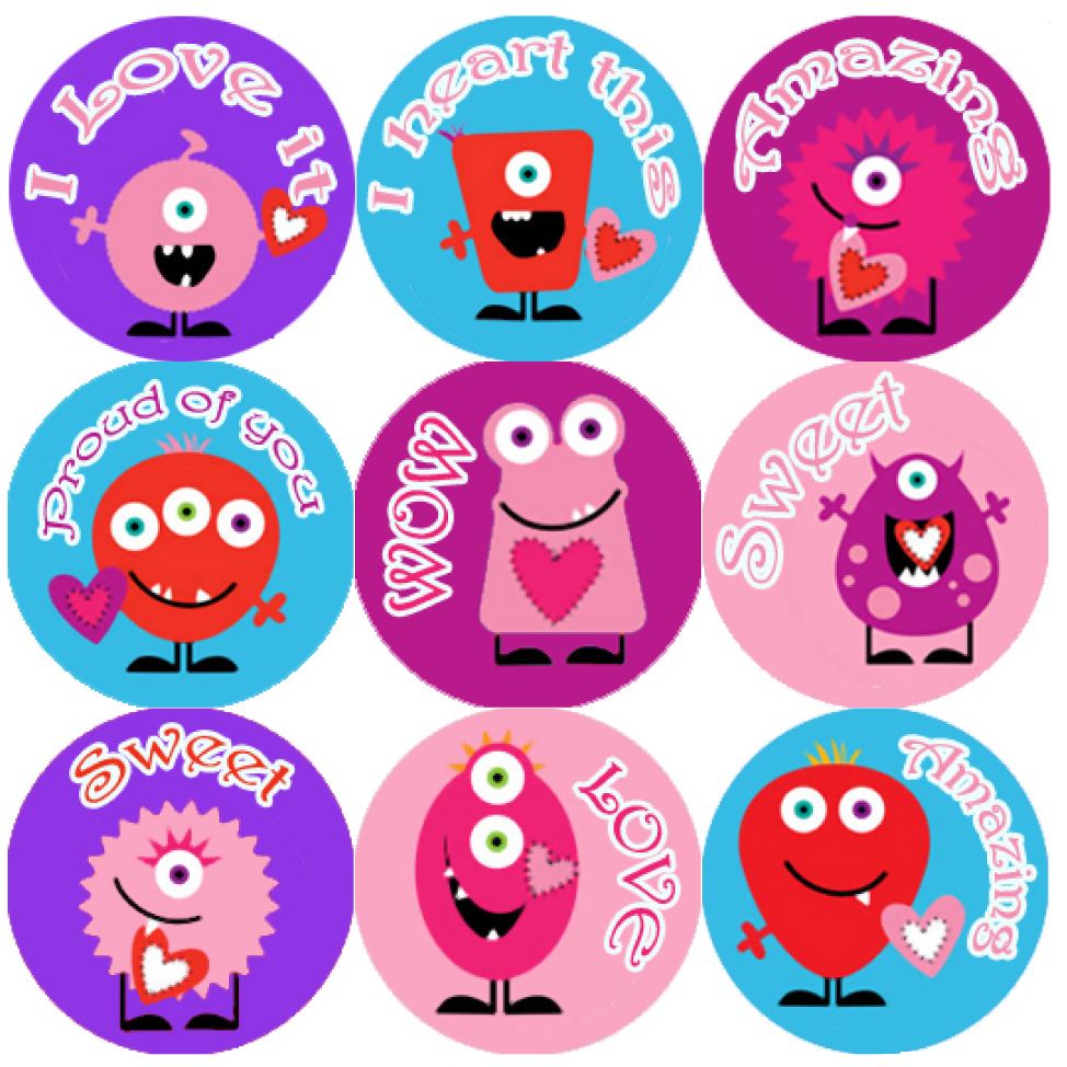 144 Monster Hearts Praise Words 30mm Children's Reward Stickers for Teachers or Parents