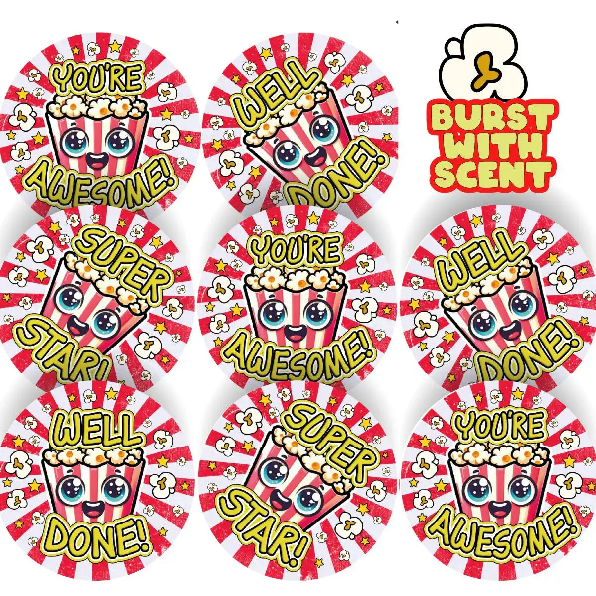 Popcorn Word Sticker 120 Popcorn Starburst Praise Words Themed Popcorn Scented Teacher ...