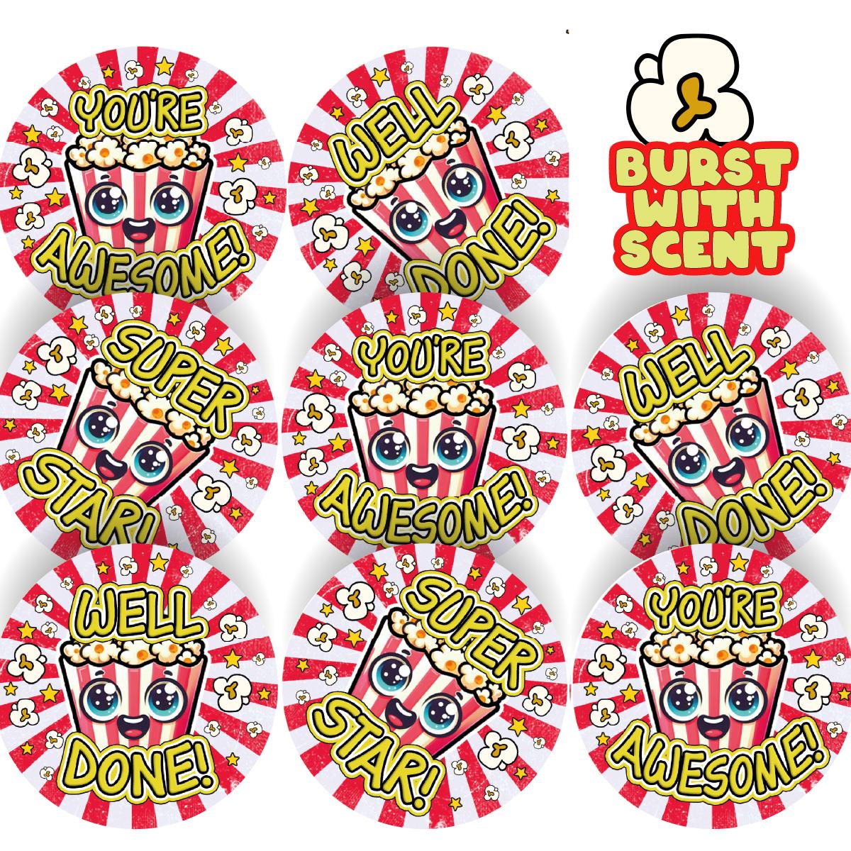120 Popcorn Starburst Praise 30mm Scented Reward Stickers for Teachers, Parents and Party Bags