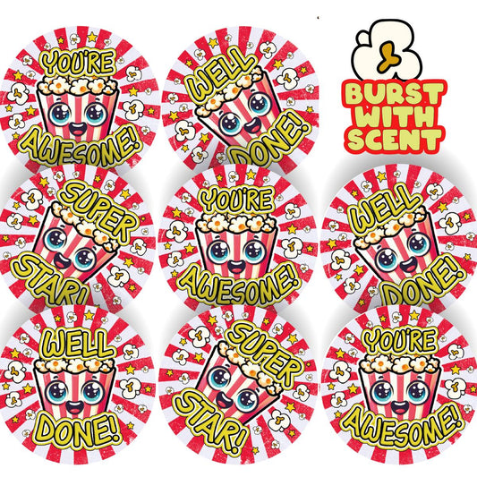120 Popcorn Starburst Praise 30mm Scented Reward Stickers for Teachers, Parents and Party Bags