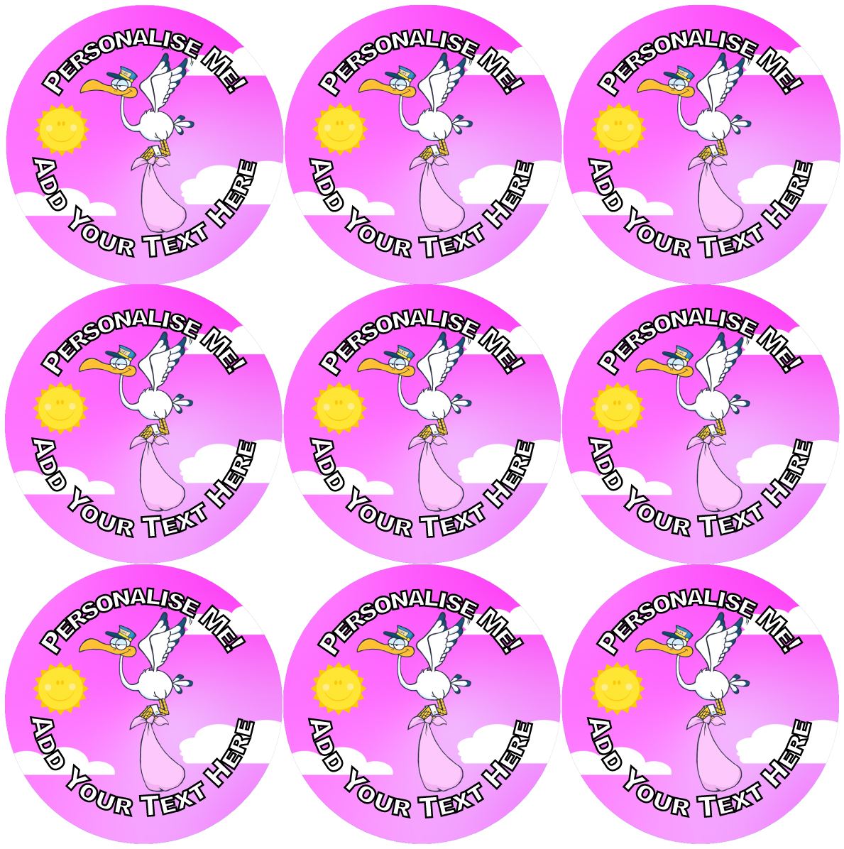 144 Baby Shower Stork - Pink 30mm Personalised Stickers