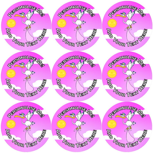 144 Baby Shower Stork - Pink 30mm Personalised Stickers