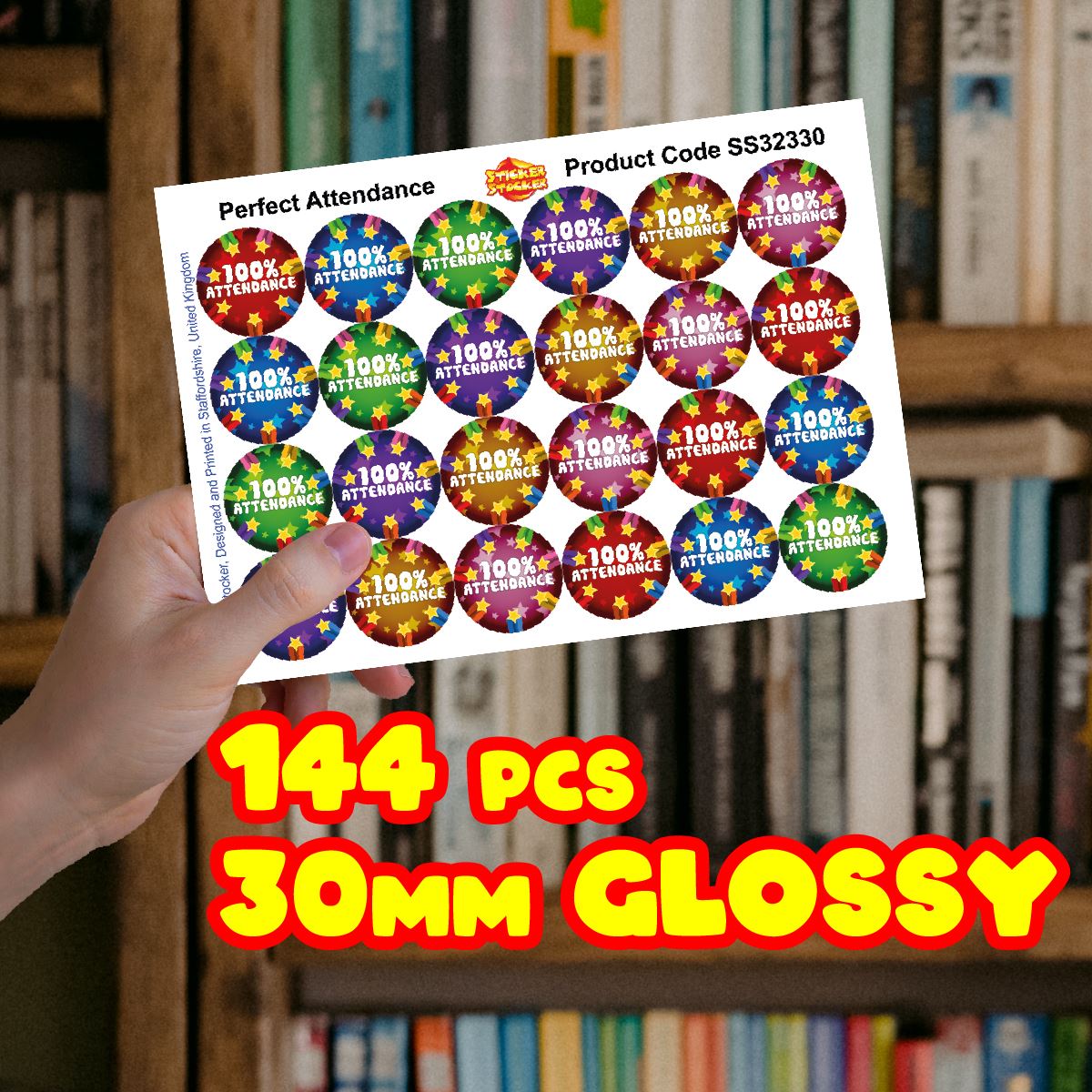 144 Perfect 100% Attendance - 30mm Glossy Reward Stickers for Teachers & Parents