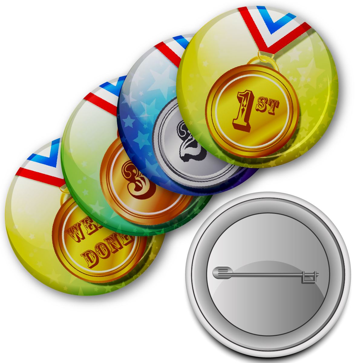 Sports Day Medals Badges 38mm (Pack of 20 Pin Badges - 38mm) School Summer Sports Day