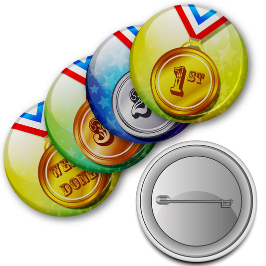 Sports Day Medals Badges 38mm (Pack of 20 Pin Badges - 38mm) School Summer Sports Day
