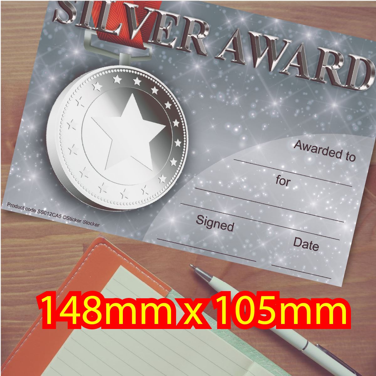 30 Silver Award Certificates for school teachers, 250gsm A5 silk finish card