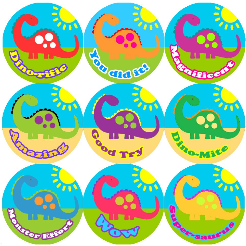 144 Big Colourful Dinosaur 30mm Round Children's Reward Stickers for Teachers or Parents