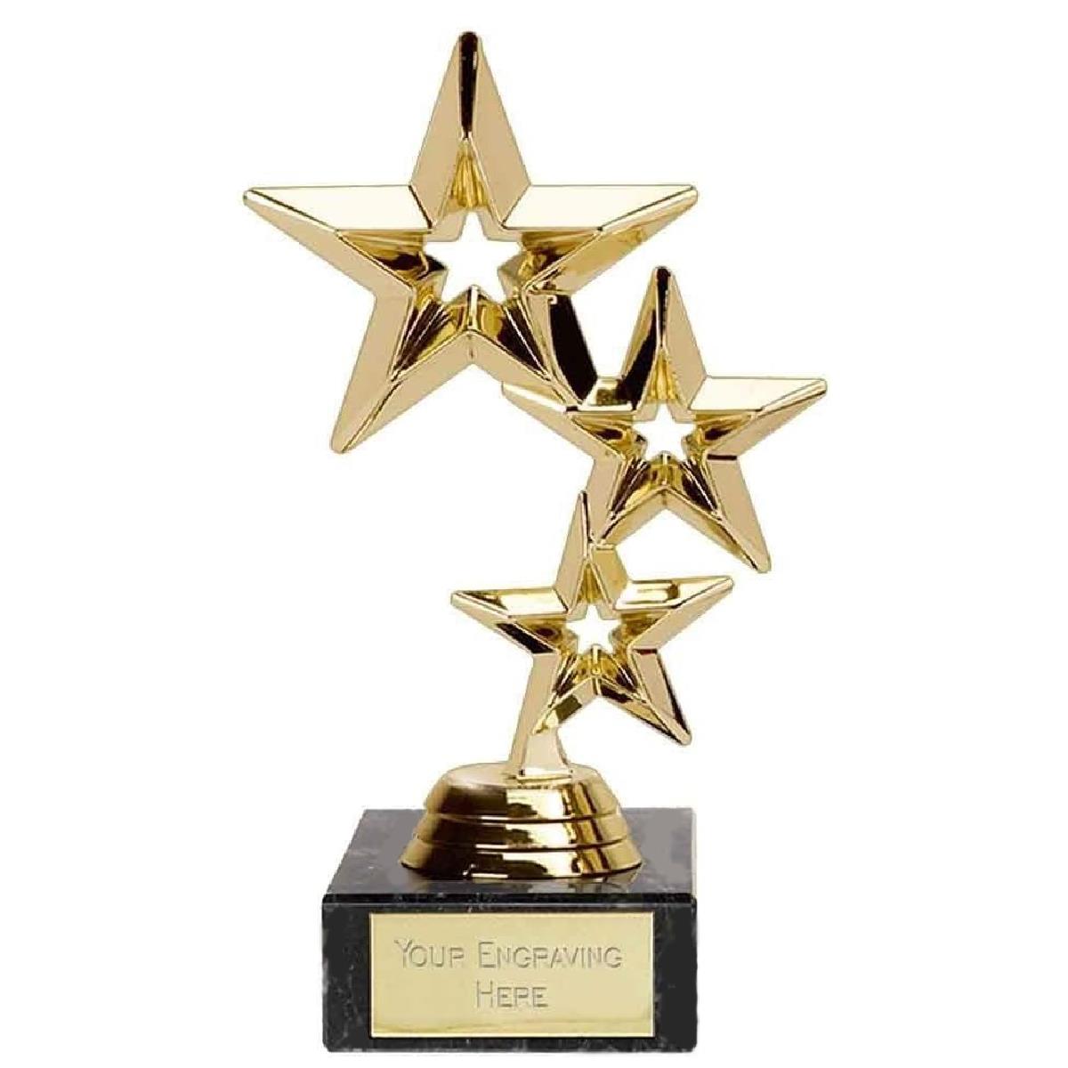 Gold Triple Star Award Trophy 20cm Plastic and Marble FREE engraving and Certificate