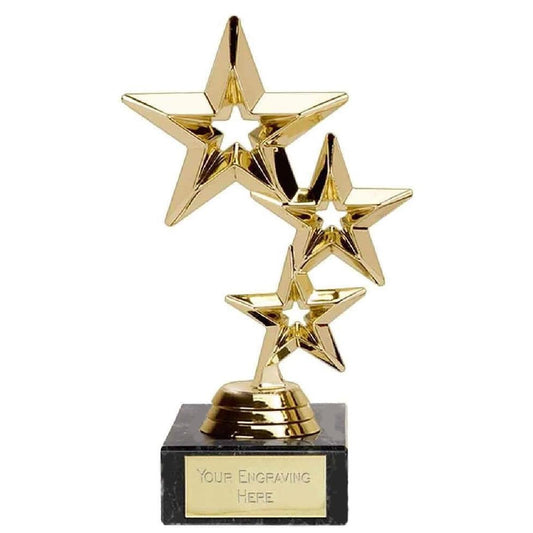 Gold Triple Star Award Trophy 20cm Plastic and Marble FREE engraving and Certificate