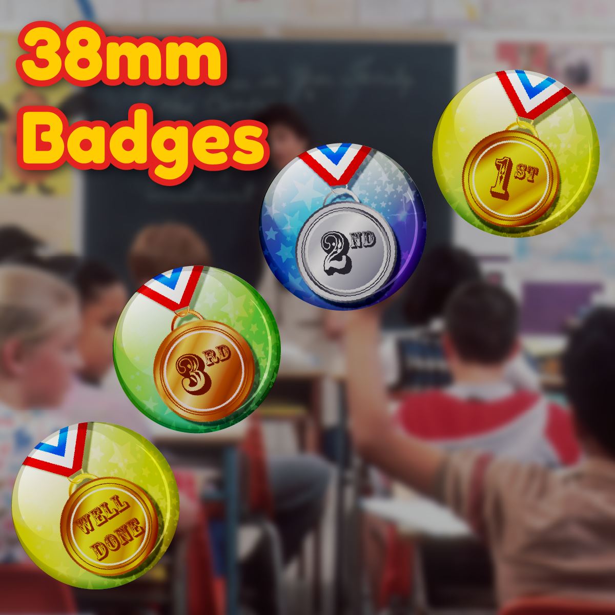 Sports Day Medals Badges 38mm (Pack of 20 Pin Badges - 38mm) School Summer Sports Day