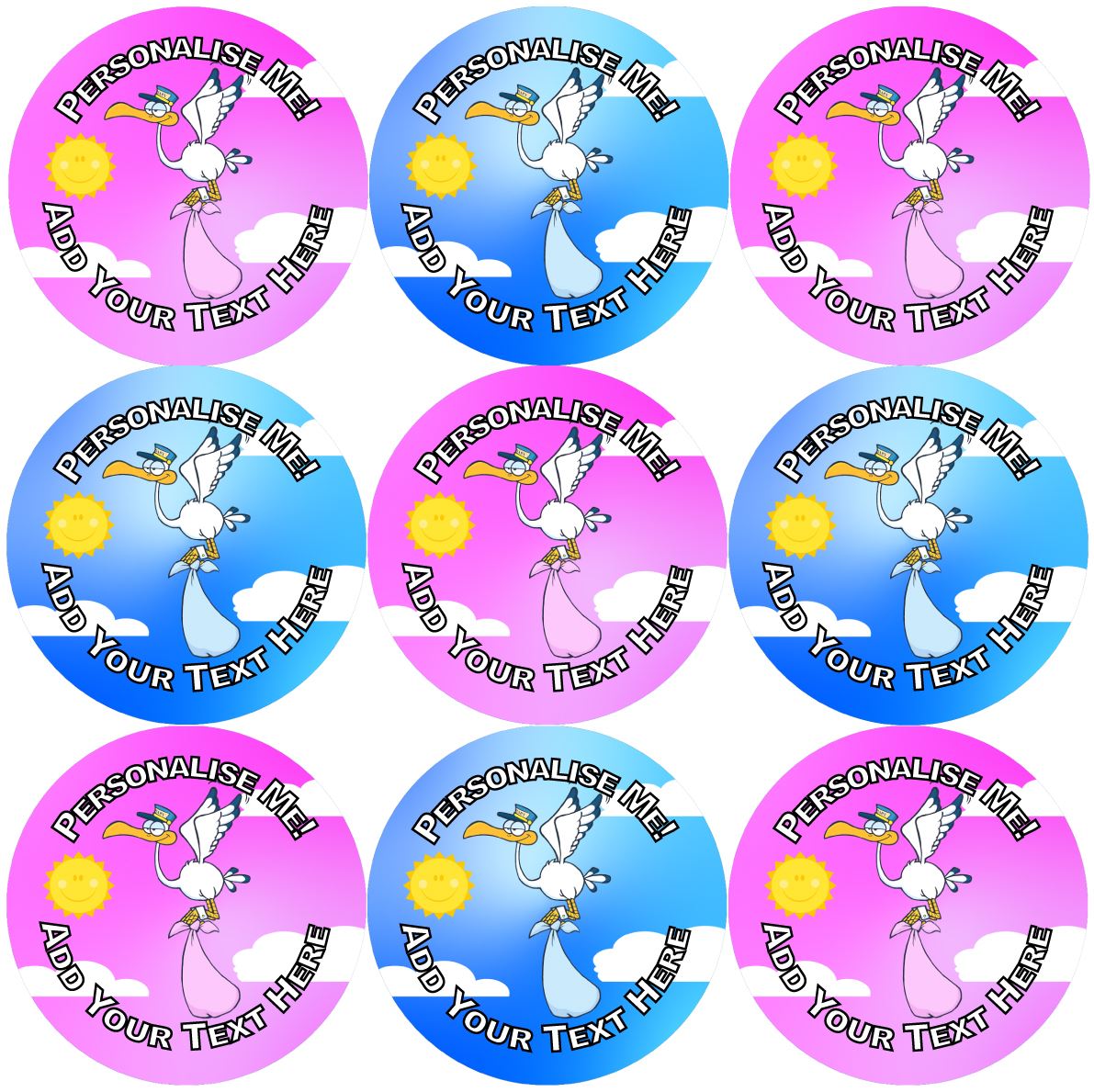 144 Baby Shower Stork - Pink & Blue 30mm Personalised Stickers