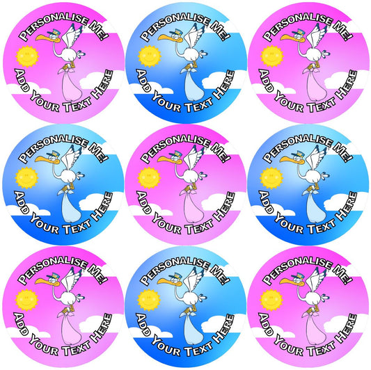 144 Baby Shower Stork - Pink & Blue 30mm Personalised Stickers