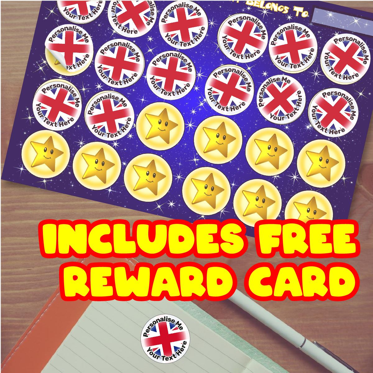 144 Personalised Union Jack 30mm Reward Stickers for School Teachers, Party Bag, Parents and Nursery