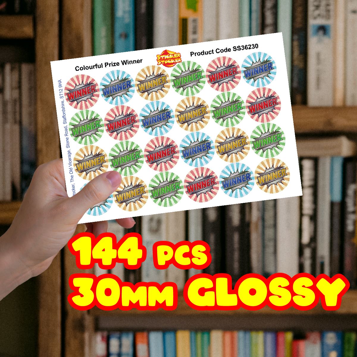 144 Colourful Prize Winner Stickers - 30mm Glossy Reward Stickers for Teachers & Parents