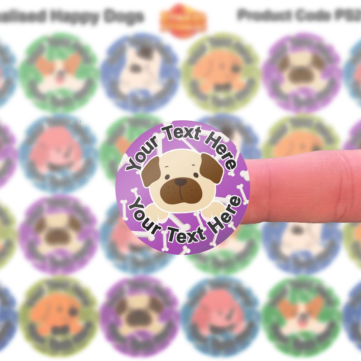144 Personalised Happy Dogs 30mm Reward Stickers for School Teachers, Parents and Nursery