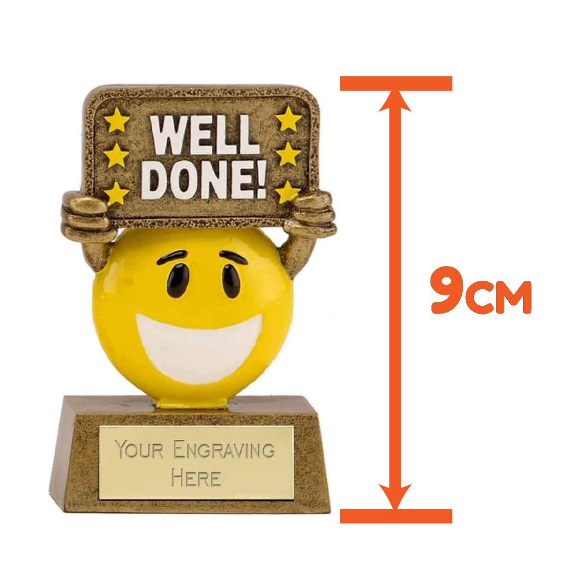 Mini Well Done Smiling Happy Face Award Trophy 9cm Resin FREE engraving and Certificate