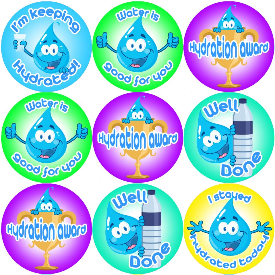144 Hydration Awards 30mm (Drink Water) Reward Stickers for School Teachers and Parents