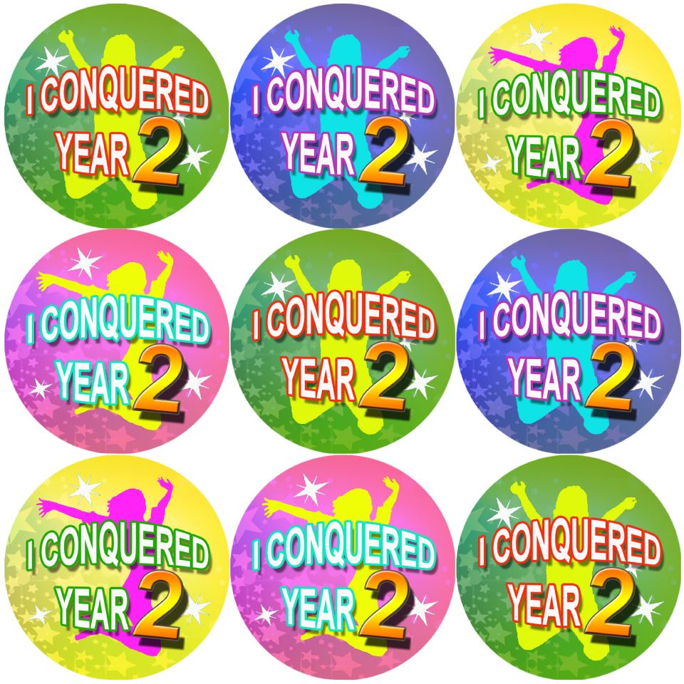 144 I Conquered Year 2 - End of Term Year 1st grade Teacher Reward Stickers Size 30mm