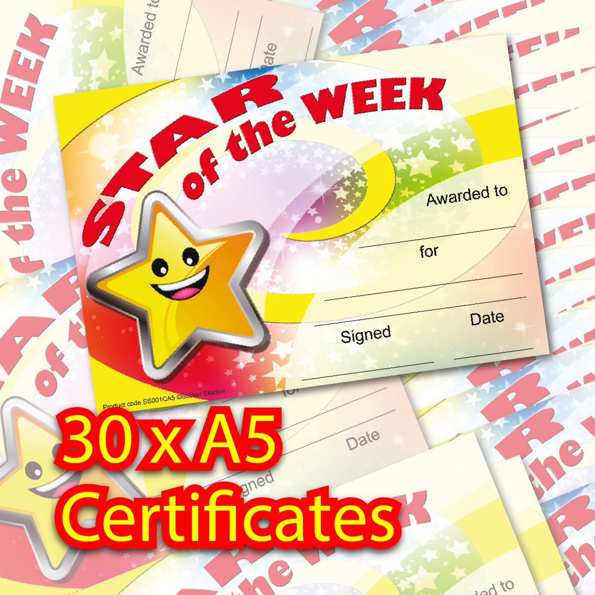30 Star of the Week award certificates for school teachers, 250gsm A5 silk finish card