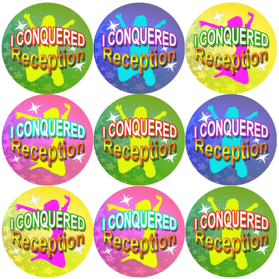 144 I Conquered Reception - End of Term Year Pre-K Teacher Reward Stickers Size 30mm