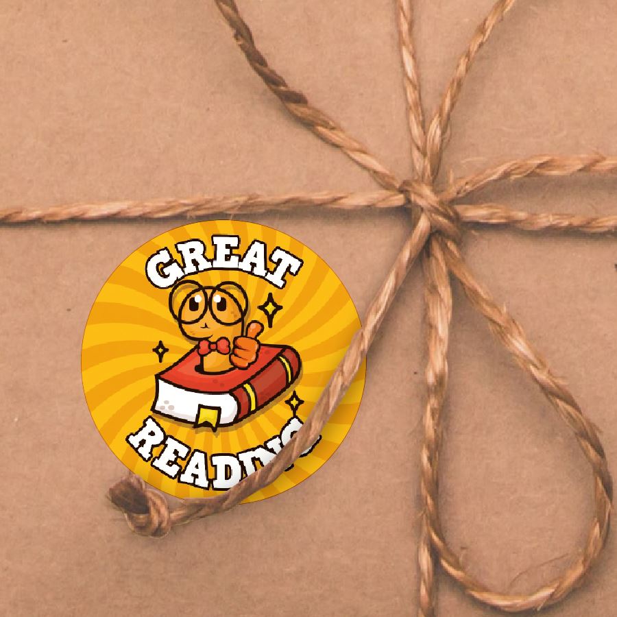 144 Great Reading Book Worm - 30mm - Glossy Reward Stickers for Teachers & Parents