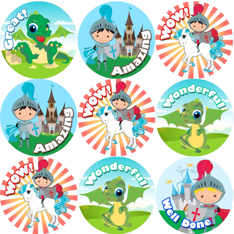 144 Knights and Dragons Praise Words 30mm Stickers for Teachers, Parents and Party Bags