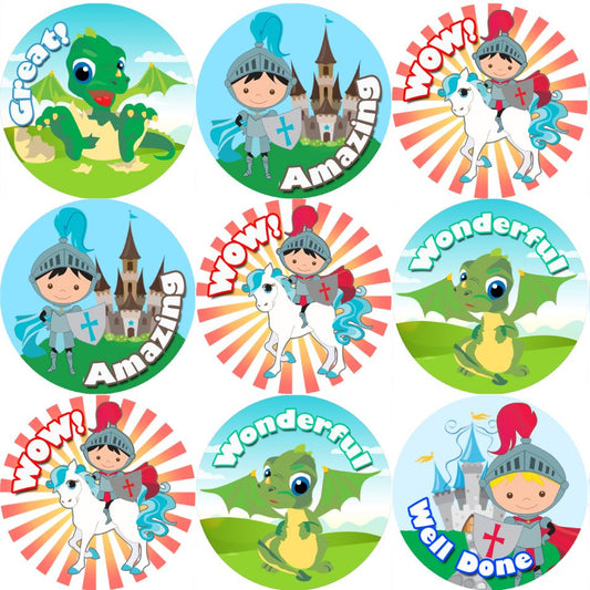 144 Knights and Dragons Praise Words 30mm Stickers for Teachers, Parents and Party Bags