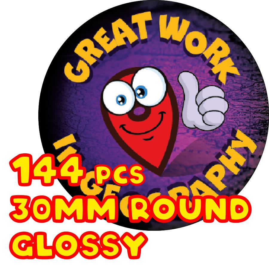 144 Great Work In Geography - 30mm - Glossy Reward Stickers for Teachers & Parents